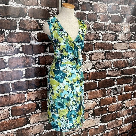 Pendleton Dress Silk Sleeveless Blue Green Knee Length Floral Ruffle Size 4P - Picture 5 of 14